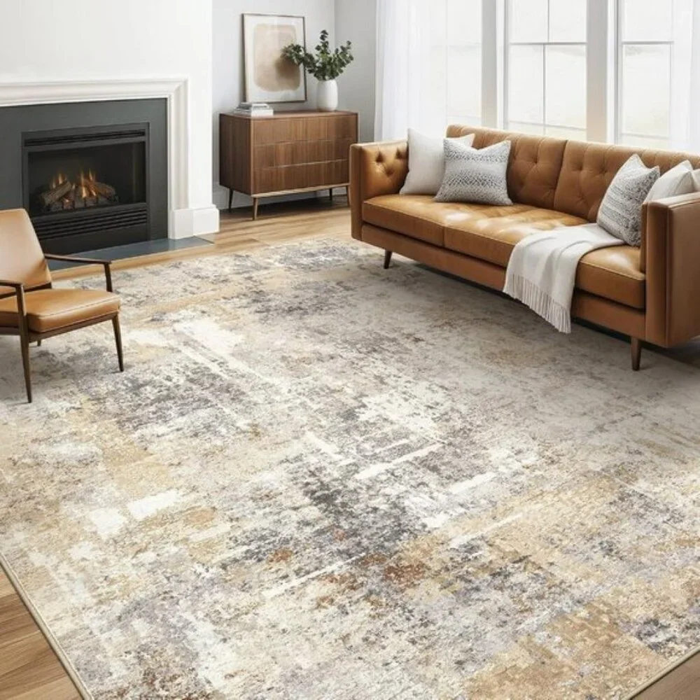 5x7 Gray Gold Washable Area Rug, Modern Abstract Non-Slip Carpet for Room Decor
